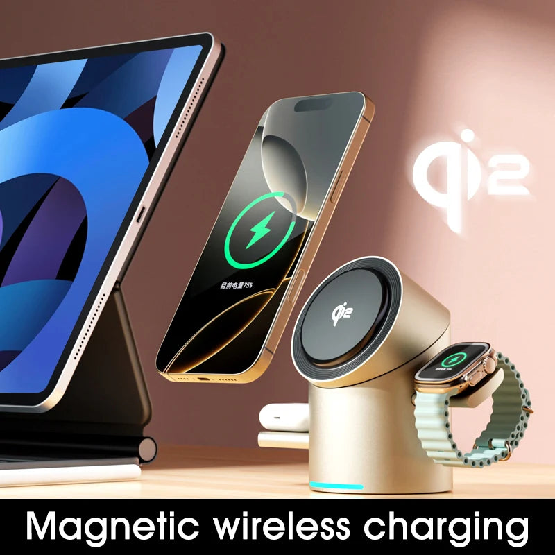 Touch Rotate Qi2 Magnetic 3-in-1 Wireless Charger 15W Fast Charging Station for iPhone 13 14 15 16 Series Apple Watch AirPods