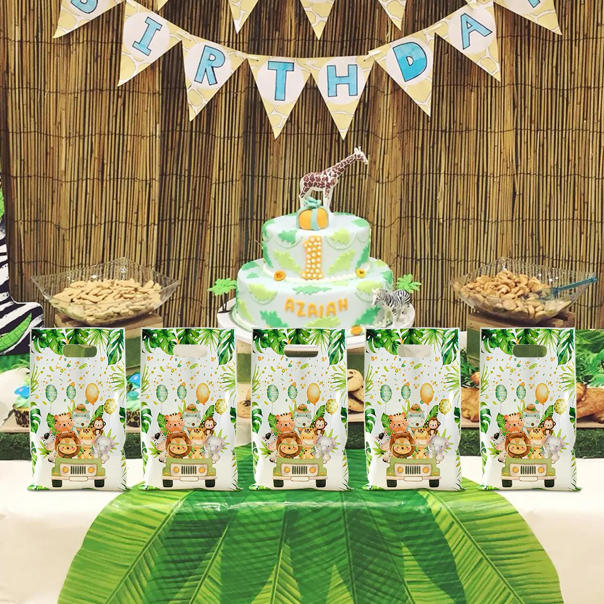 Jungle Animals Party Gift Biscuit Candy Packing Bag Jungle Safari Birthday Party Decor Kids Wild One Party Supplies Baby Shower