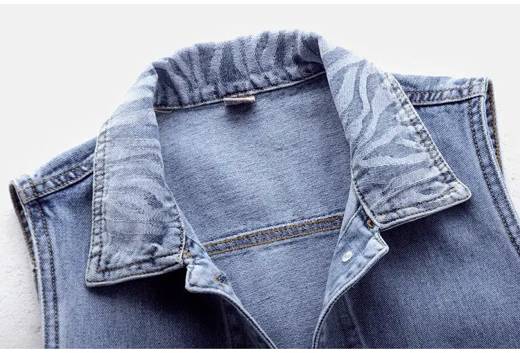 Women's Denim Vest Jacket 2025 Spring Autumn Stripe Splicing Short Jean Waistcoat Casual Tops Sleeveless Outerwear