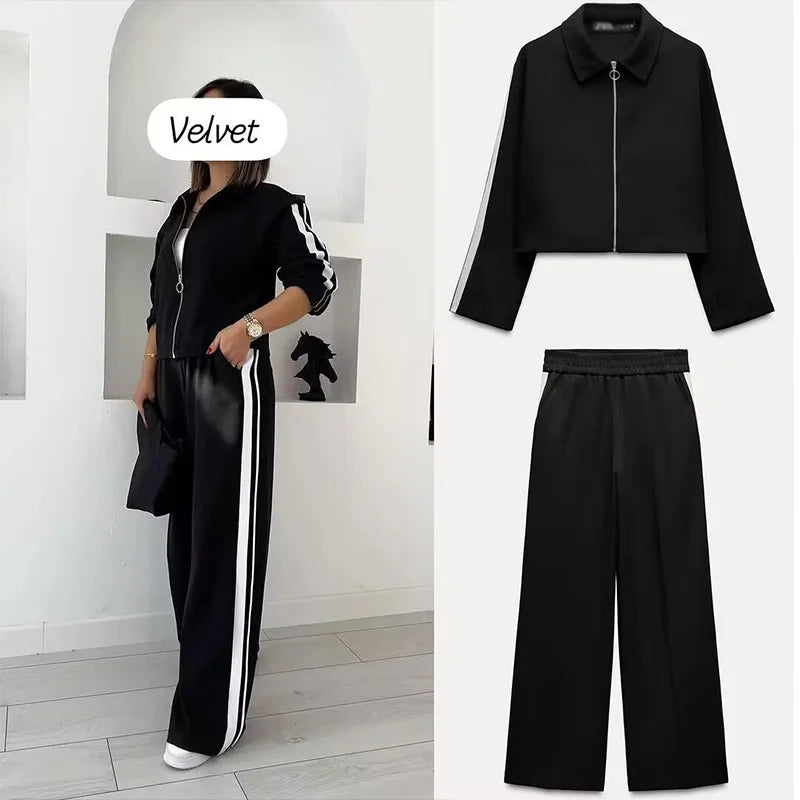 TRAFZA 2024 New Women Casual Black Trousers Suits Sports Short Jacket + Female Vinatge Black White Patchwork Baggy Pants Street