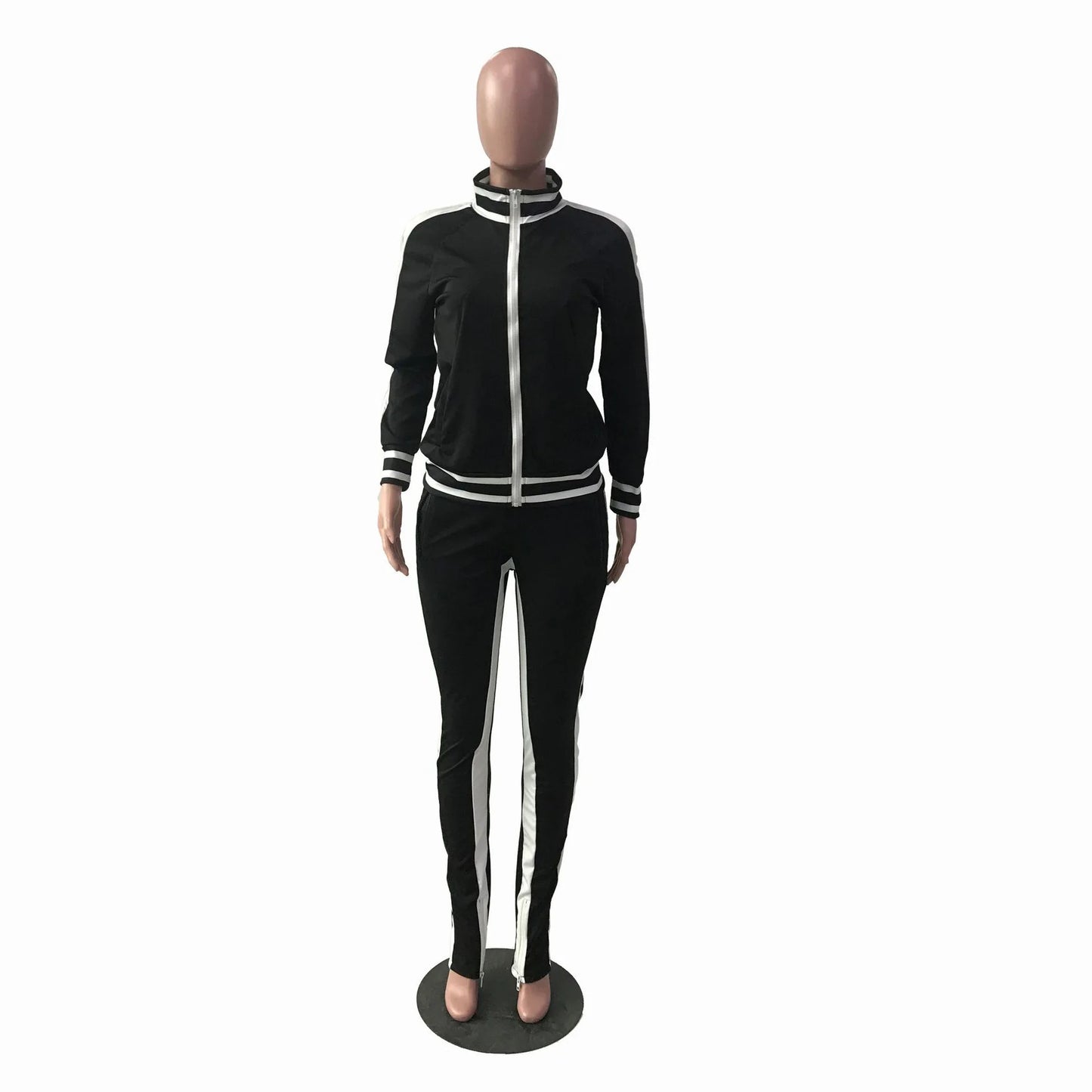 Women Pant Sets Tracksuit Zippers Jackets Striped Stand Collar Coats Pencil Pants Two Pieces Set Sports Casual Patchwork