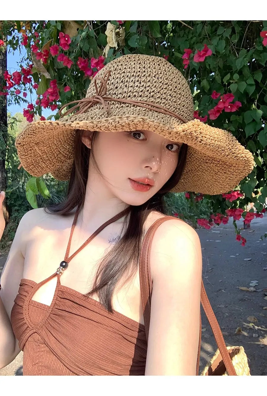 Holiday Sle Beach Fisherman Hat Seaside Sun Protection Sun Hat Large Brim Bow Woven Straw Hat Women Panama Chapeau Korean