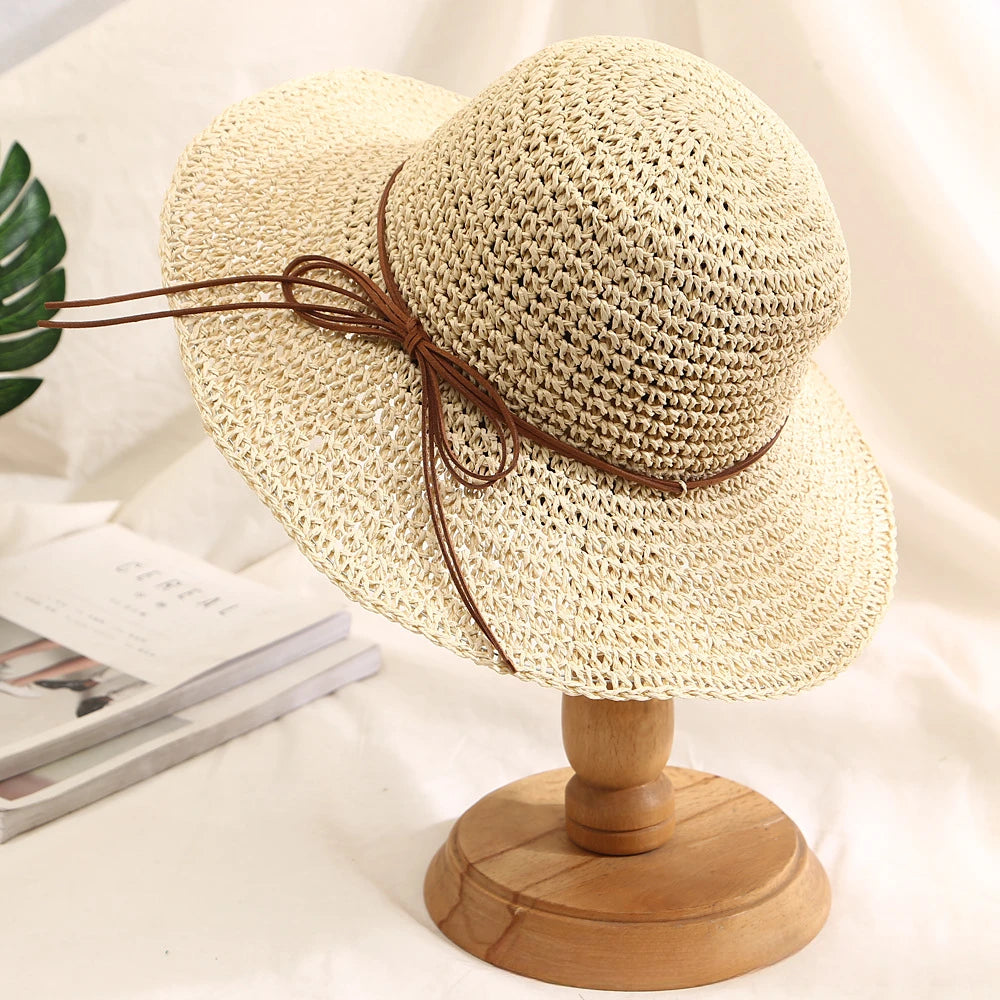 Holiday Sle Beach Fisherman Hat Seaside Sun Protection Sun Hat Large Brim Bow Woven Straw Hat Women Panama Chapeau Korean