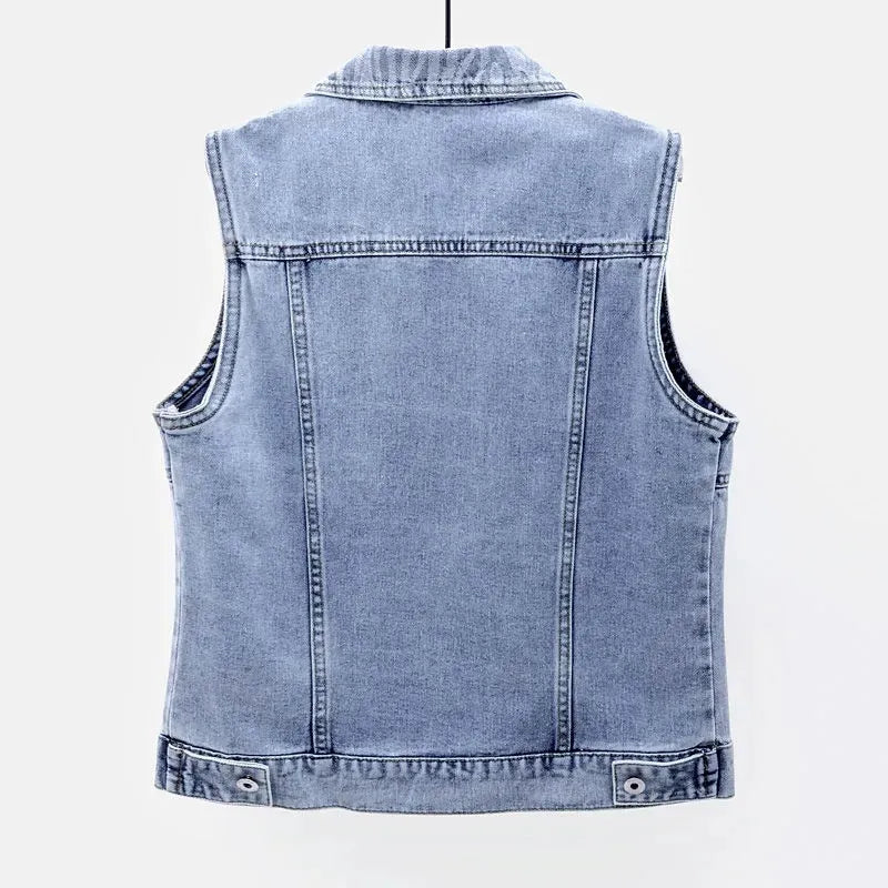 Women's Denim Vest Jacket 2025 Spring Autumn Stripe Splicing Short Jean Waistcoat Casual Tops Sleeveless Outerwear
