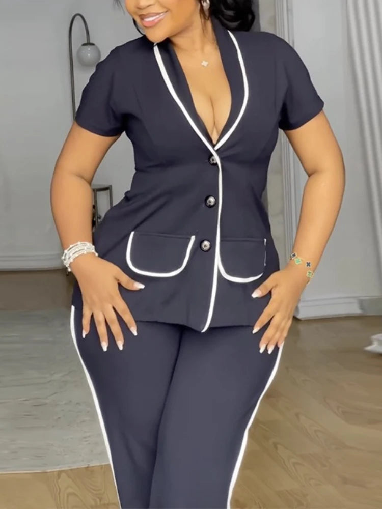 Two Piece Sets Women Outfits Short Sleeve Button Blazer Straight Pants Set with Contrast Piping Perfect for Office Wear Business