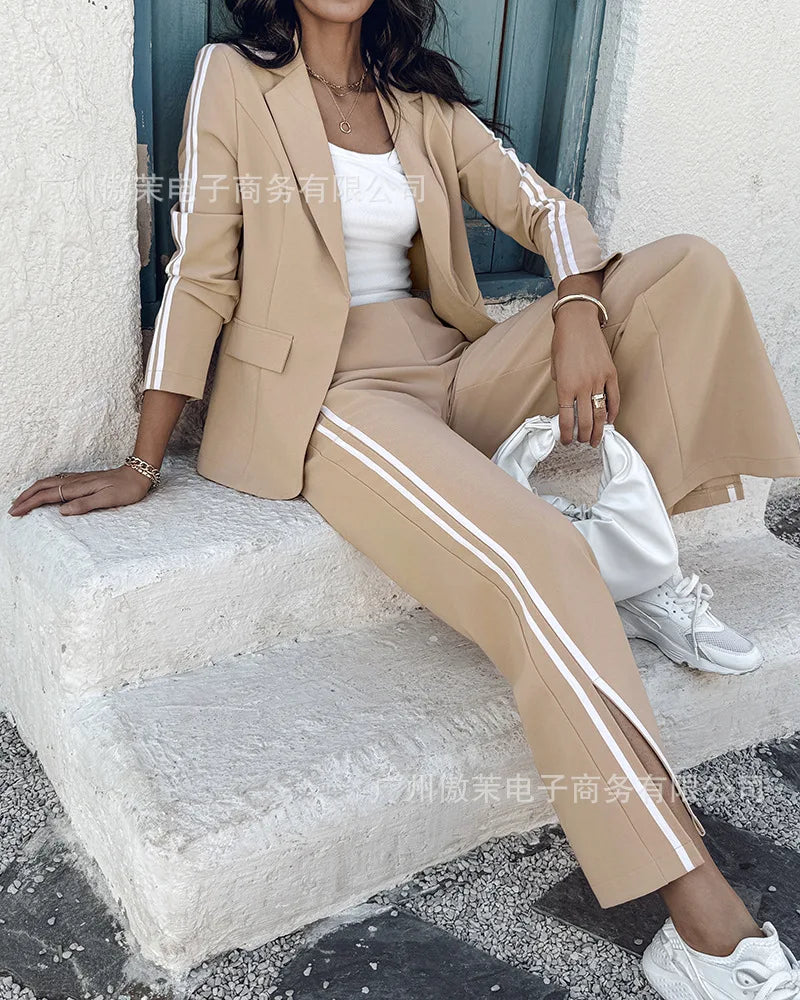 2025 Khaki Side Double Sports Ribbon Splicing Slim Lapel Suit Low Waist Split Straight Pants