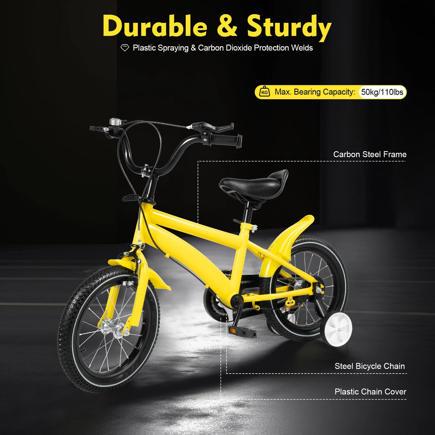 14 Inch Kids Bike Adjustable Seat Dual Brakes Children's Bicycle Load 50kg w/Training Wheels for Ages 2-4, Yellow/Blue/Red/White