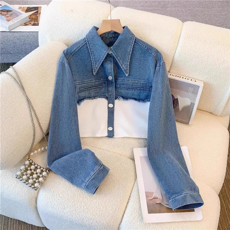 Two Piece Sets Women Pant Set Denim Splice Matching Sets Spring Top Wide Leg Long Pants Casual Loose Lace Up High Waist Jogger