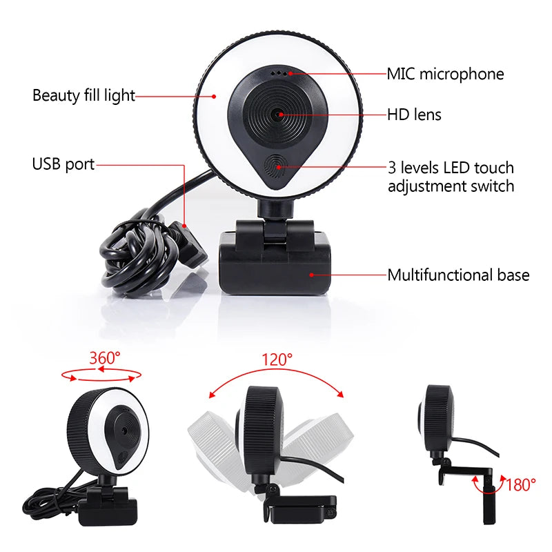 HD 13MP1080P 2K 4K Webcam PC Laptop Auto Focus Webcam Live Streaming Flexible with Microphone Live Broadcast withLight 3840x2160