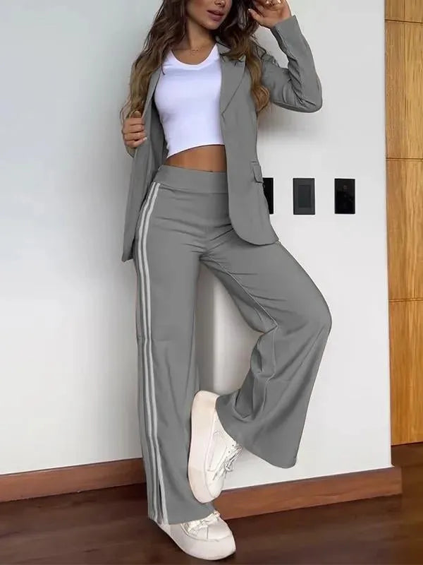 Women 2 Piece Sets Suit Jacket Wide Leg Pants Turn Down Collar Pockets Striped Blazer Coat Trousers 2025 Office Lady Outfits