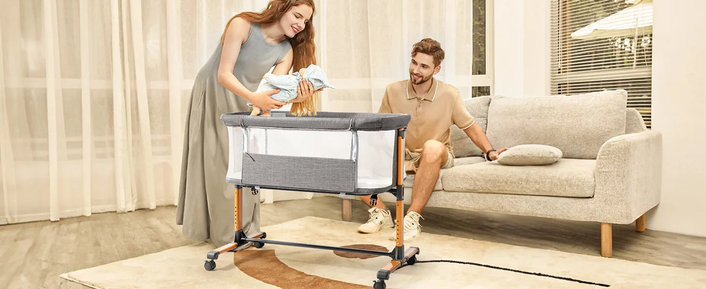Baby Bassinet Bedside Bassinet, Baby Cradle with Machine-Washable Sheets, Four-Sided Breathable Mesh, 6 Height Adjustable