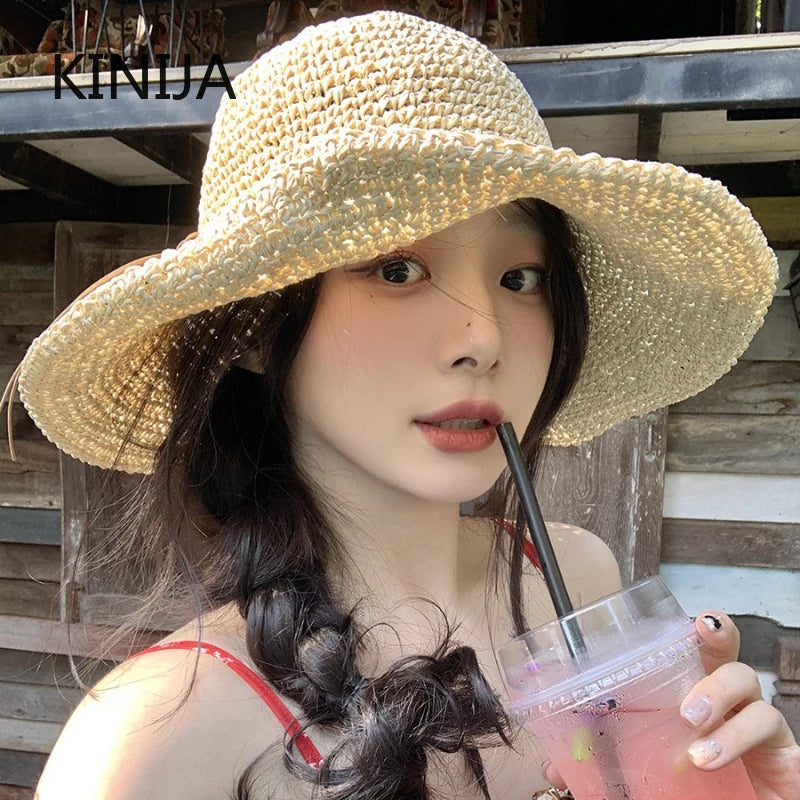 Holiday Sle Beach Fisherman Hat Seaside Sun Protection Sun Hat Large Brim Bow Woven Straw Hat Women Panama Chapeau Korean