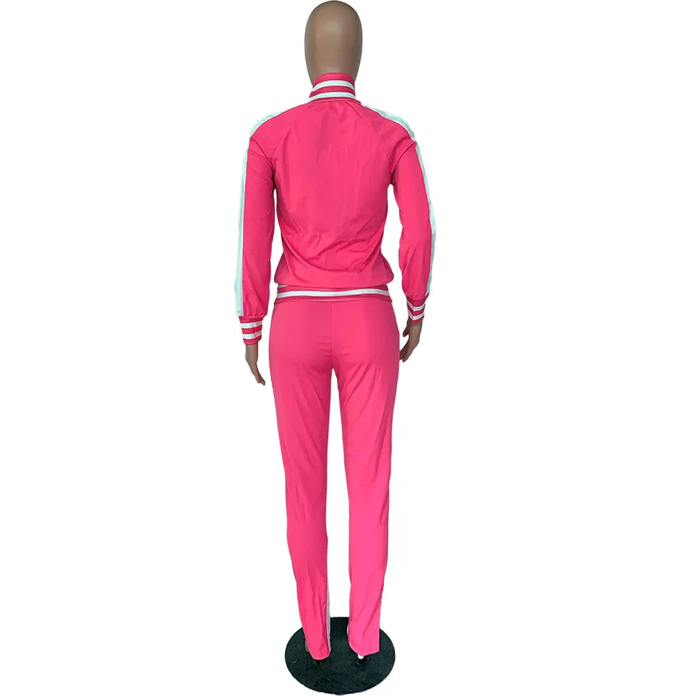 Women Pant Sets Tracksuit Zippers Jackets Striped Stand Collar Coats Pencil Pants Two Pieces Set Sports Casual Patchwork
