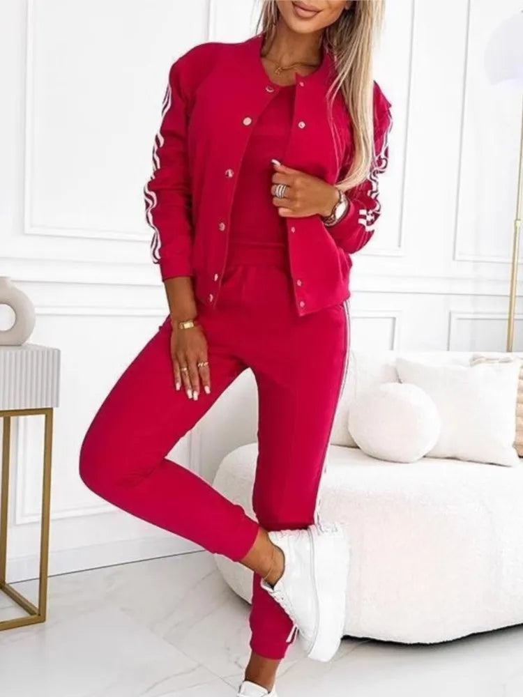 Autumn Winter Fashion Red Black Casual 3 Piece Sets Women O-neck Slim Tank Top + Button Long Sleeve Jacket And Pencil Pant Set