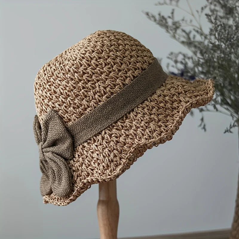 1pc/2pcs Elegant Sun Hat - Hand Woven with Vintage Ruffles and Bow, Foldable Travel Beach Hat