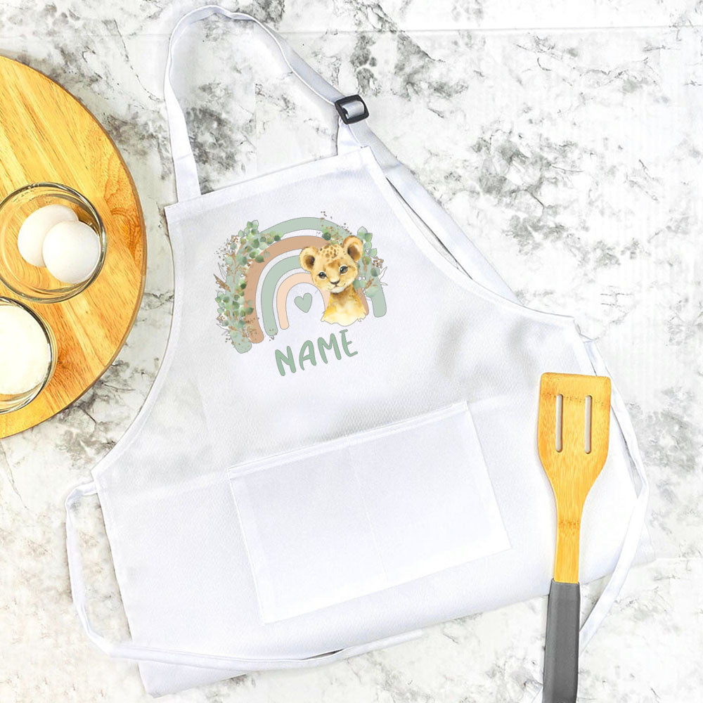 Personalised Child Apron Rainbow Safari Animals with Name Apron Boys Girls Cooking Baking Apron Custom Birthday Gift for Kids