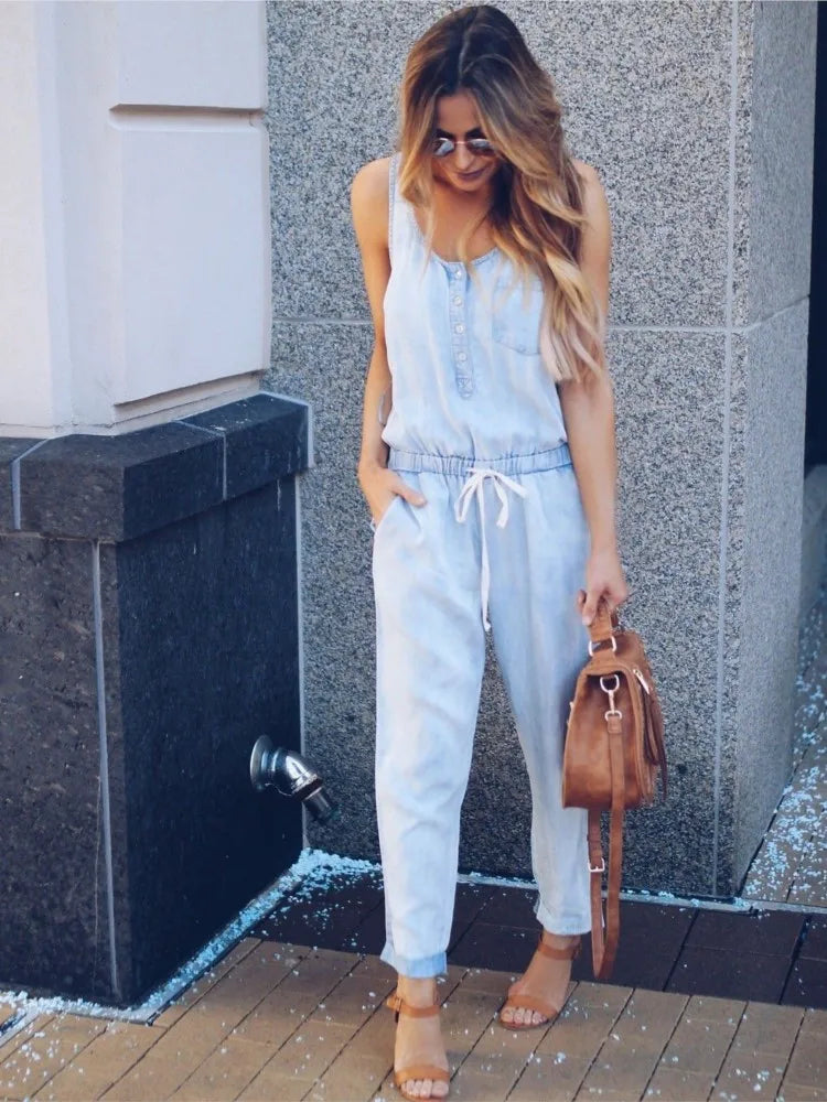 Summer Denim Jumpsuit For Women 2025 Fashion Sleeveless Button Vest Slim Drawstring Pant Jumpsuits High Street Women's Clothing