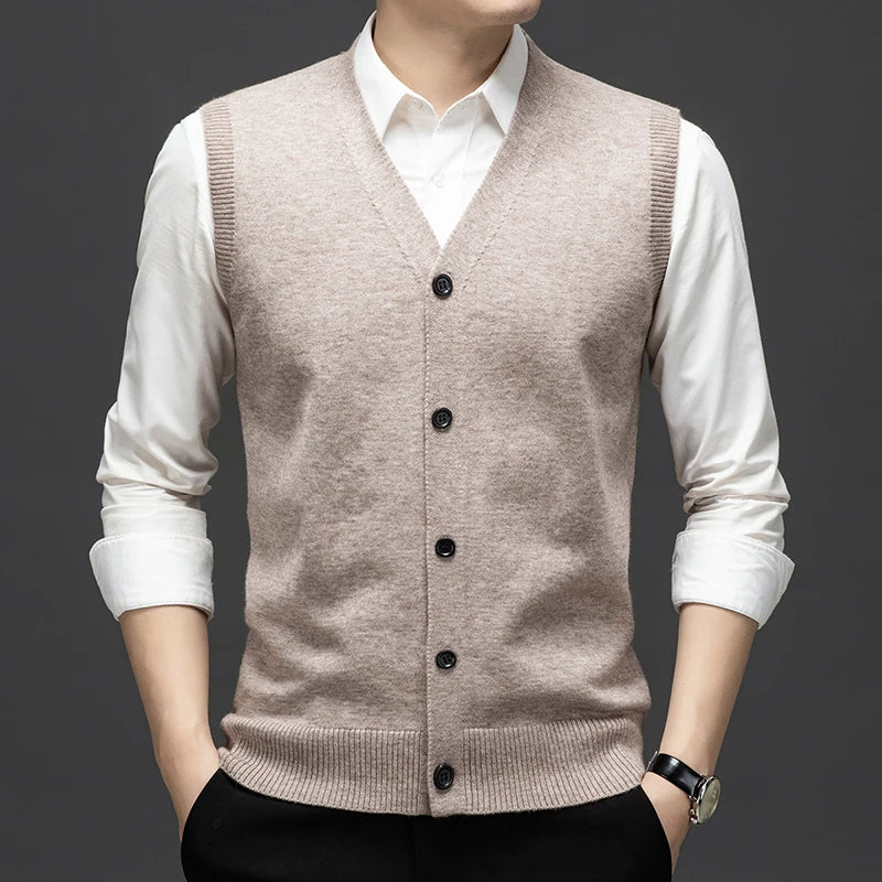 Sweaters Vests for Men Fashion Luxury Single Breasted Pullover Autumn Sleeveless Men Work Sweater Knitted Male Waistcoat Jumper