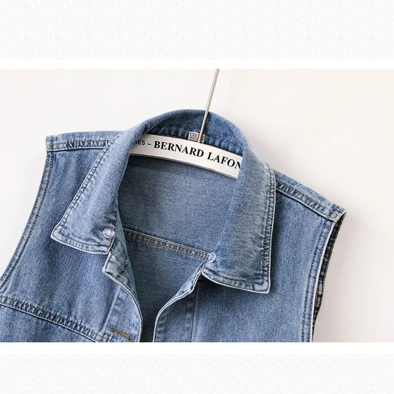 New Women Denim Vest Jackets Spring Autumn Pocket Hooded Short Jean Waistcoat Sleeveless Jacket Outerwear Female Casual Top 5XL