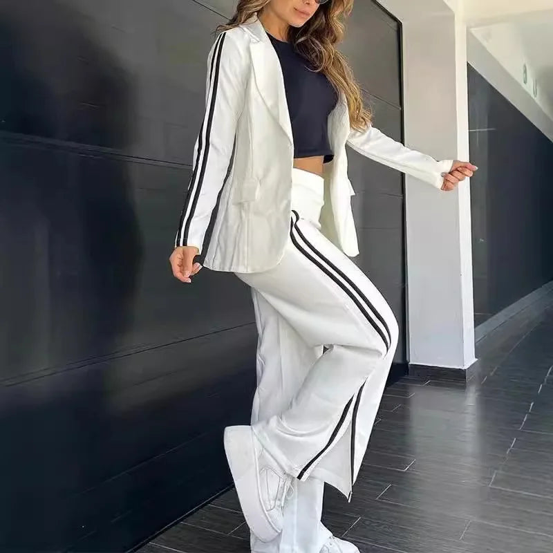 Women 2 Piece Sets Suit Jacket Wide Leg Pants Turn Down Collar Pockets Striped Blazer Coat Trousers 2025 Office Lady Outfits