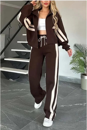 Two Piece Set Women Fashion Striped Print Lapel Zipper Coat High Waist Pants Outfit Autumn Winter Long Sleeve Suit Tracksuit