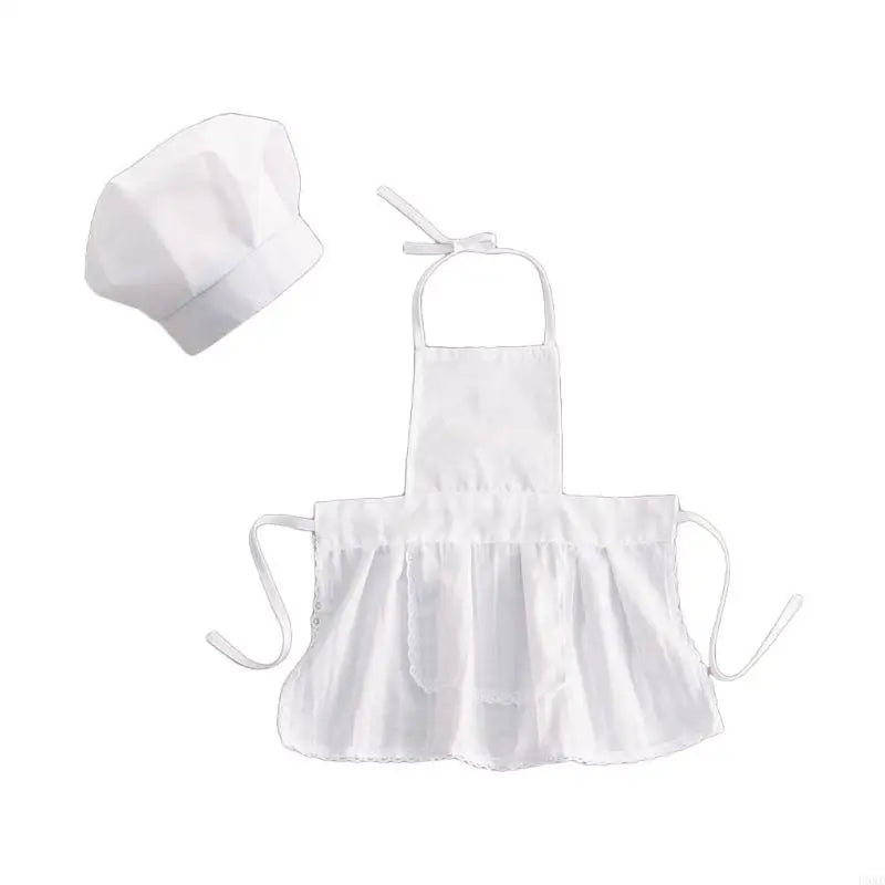 U6XE 2 Pcs Baby Chef Apron and Hat Infant Kids White Cook Costume Photography