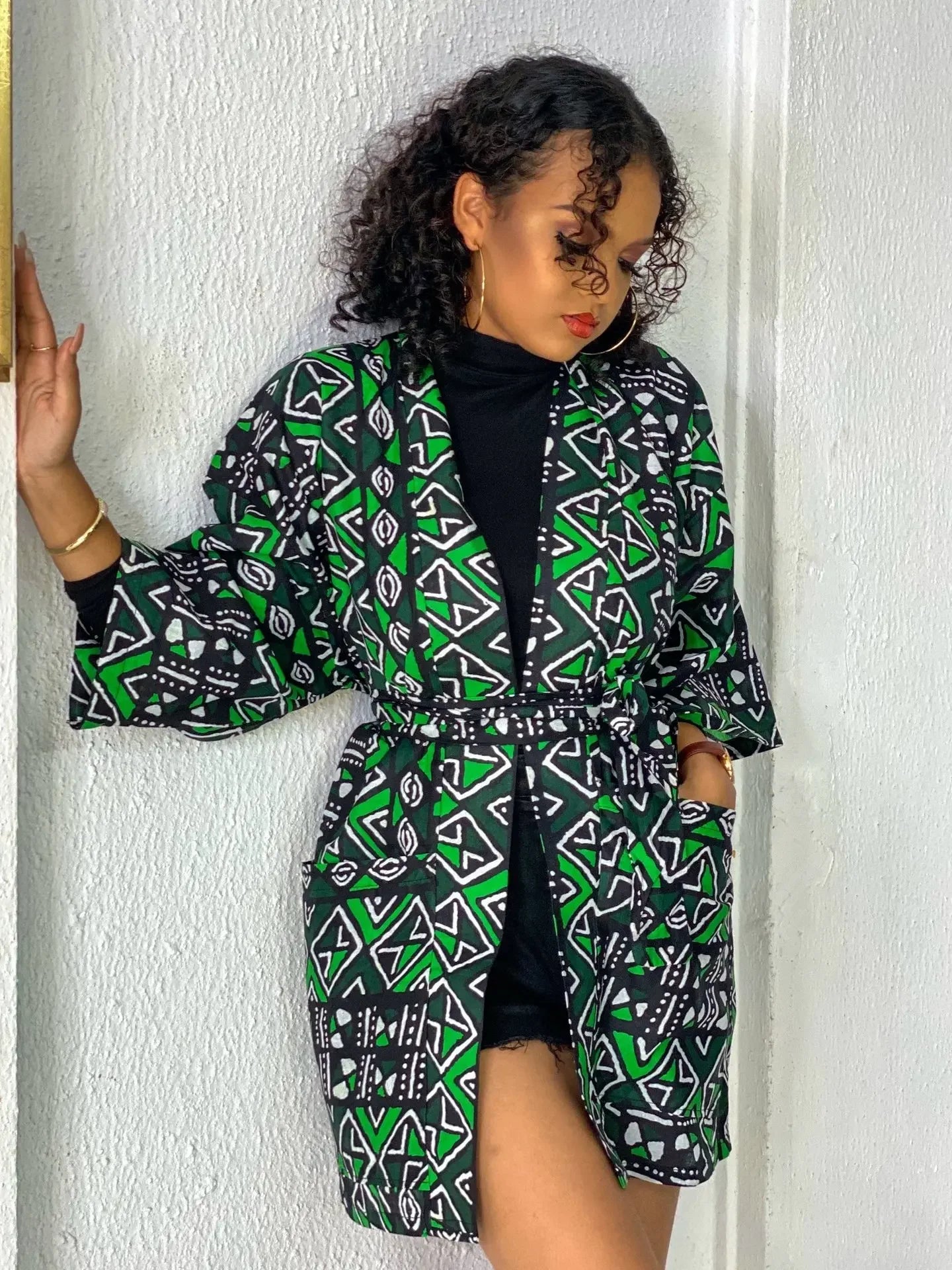 African Printing Dress Women's Fashion Kimono Cardigan Coat Dashiki Geometric Belt Dress Plus Size Retro African Christmas Robe