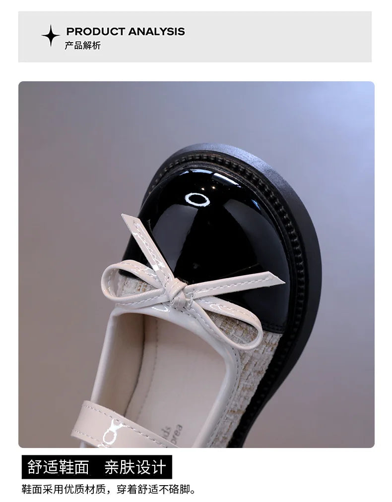 Butterfly Knot Anti Slip Round Toe Girls Leather Shoes Spring Autumn Outdoor PU Sweet Princess Leather Shoes Sandalias De Mujer