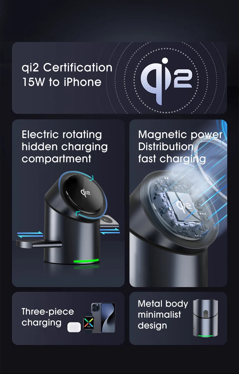 Touch Rotate Qi2 Magnetic 3-in-1 Wireless Charger 15W Fast Charging Station for iPhone 13 14 15 16 Series Apple Watch AirPods