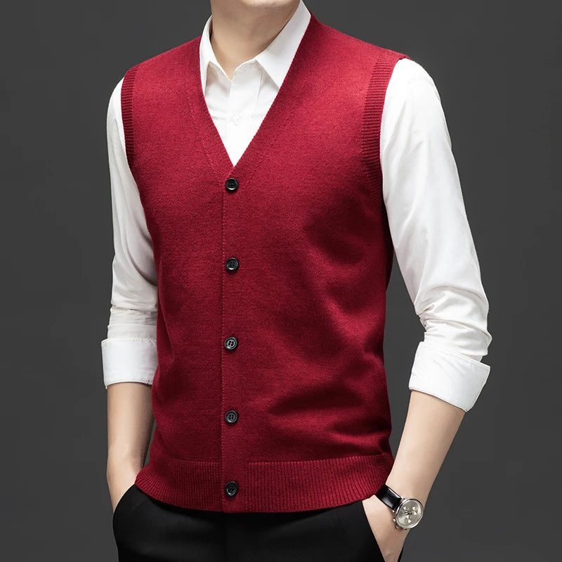 Sweaters Vests for Men Fashion Luxury Single Breasted Pullover Autumn Sleeveless Men Work Sweater Knitted Male Waistcoat Jumper