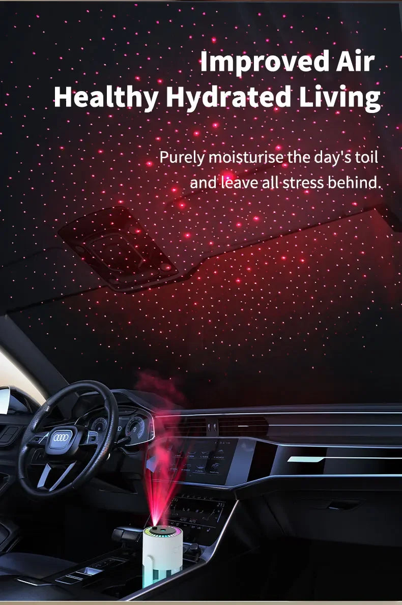 Car Air Humidifier with Starry Sky Lights Mini Aromatherapy Essential Oil Ultrasonic Diffuser Color Night Light Humidifier