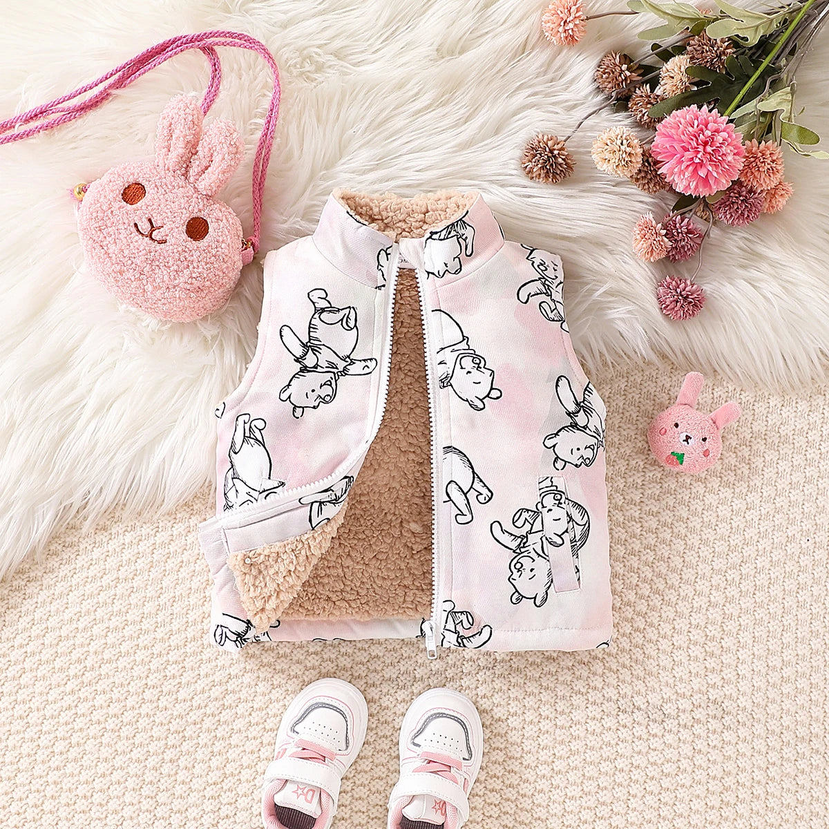 Winter baby girl fashion cute cartoon bear full body printed slanted pocket design with velvet stand up collar zipper vest