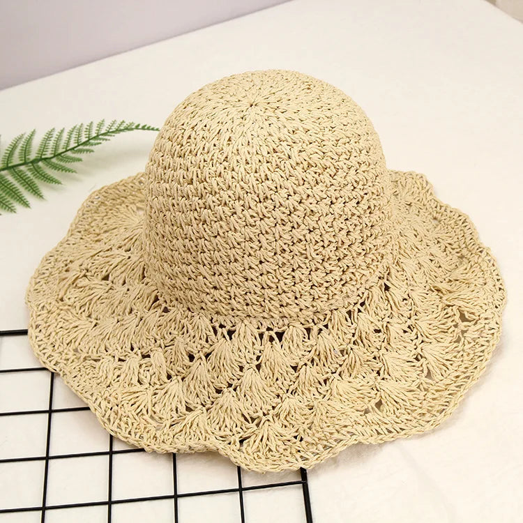Women Raffia Straw Hat Summer Handmade Floppy Ladies Visor Hat Foldable Panama Beach Anti-UV Sun Hat