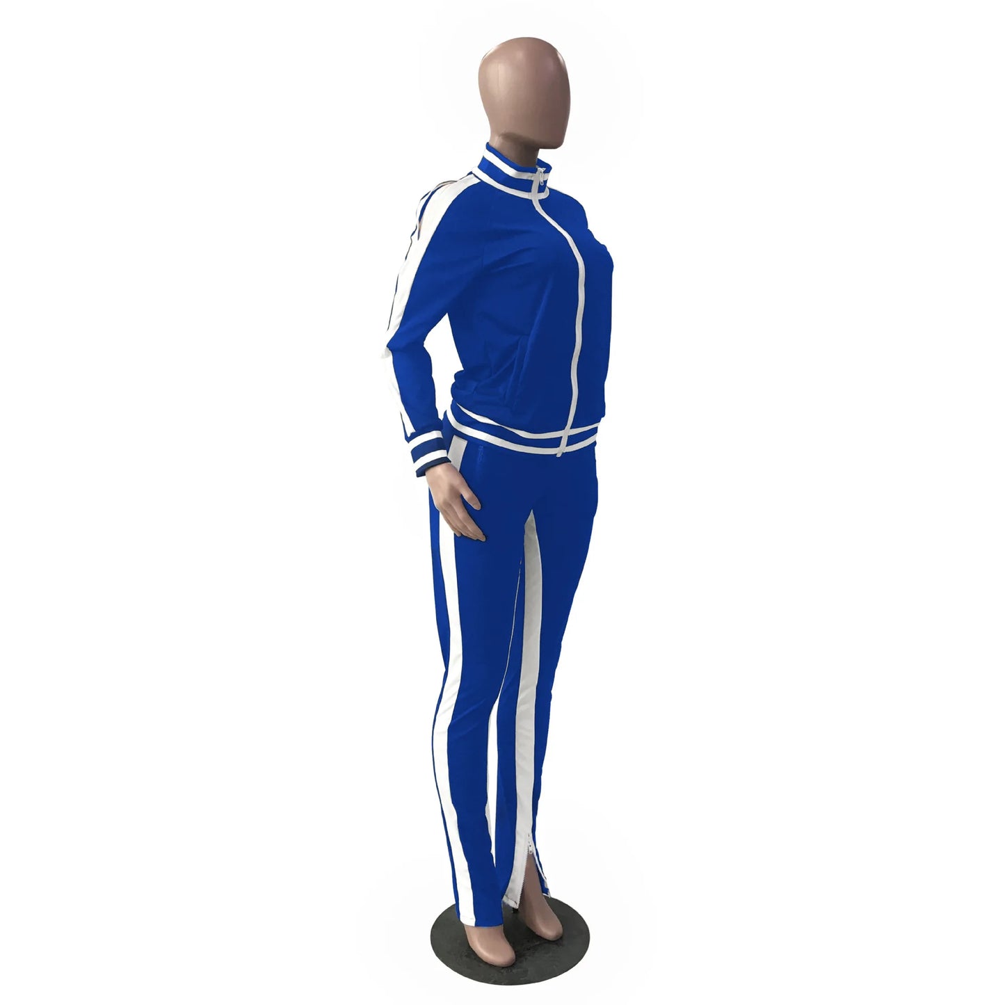 Women Pant Sets Tracksuit Zippers Jackets Striped Stand Collar Coats Pencil Pants Two Pieces Set Sports Casual Patchwork
