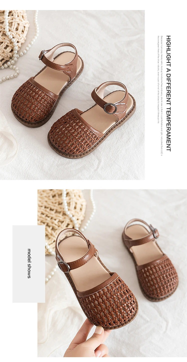 Unishuni Girl Half Sandal Princess Hollow-Out Shoes Kids Vintage Casual Flats Child Summer Shoe Toddler Bohemia Style Beach Shoe