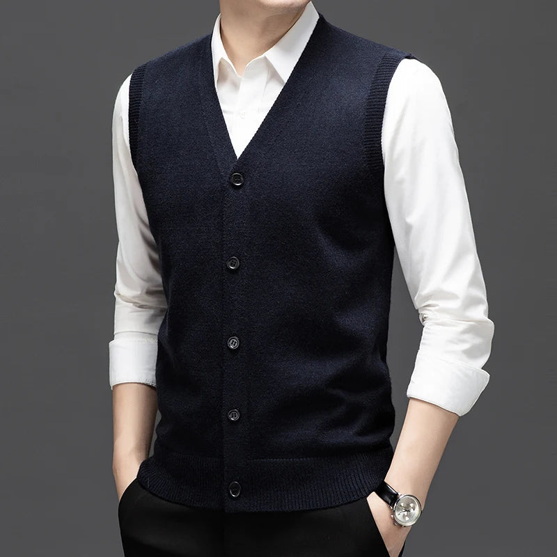 Sweaters Vests for Men Fashion Luxury Single Breasted Pullover Autumn Sleeveless Men Work Sweater Knitted Male Waistcoat Jumper