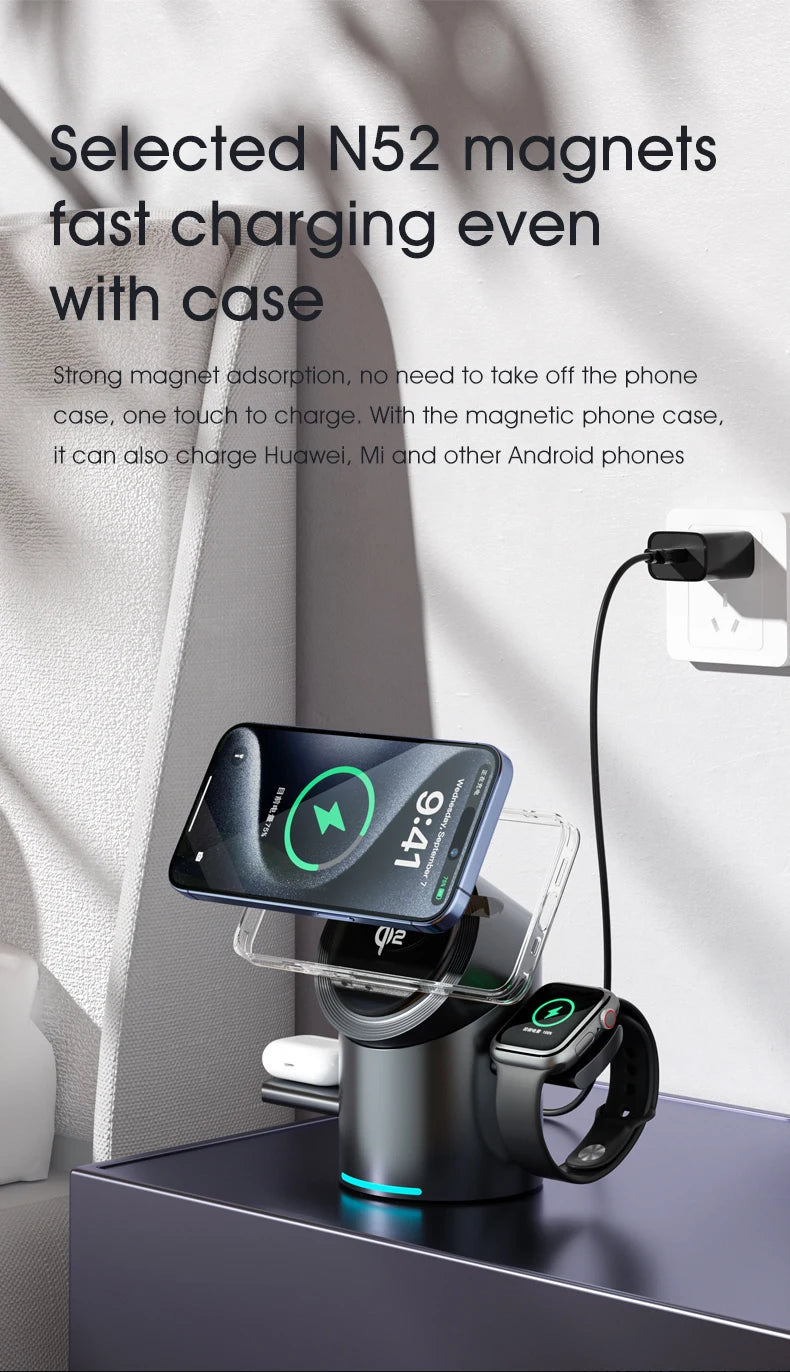 Touch Rotate Qi2 Magnetic 3-in-1 Wireless Charger 15W Fast Charging Station for iPhone 13 14 15 16 Series Apple Watch AirPods