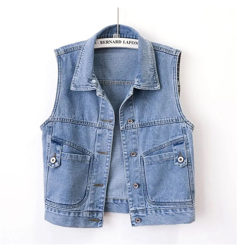 New Women Denim Vest Jackets Spring Autumn Pocket Hooded Short Jean Waistcoat Sleeveless Jacket Outerwear Female Casual Top 5XL
