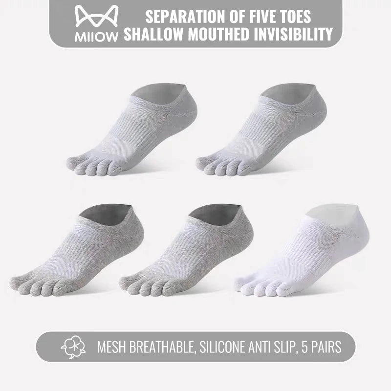 MiiOW Pure Cotton Five Finger Short Socks Men Sweat Absorbent Antibacterial Breathable Mesh Boat Socks Running Sports Toe Sock