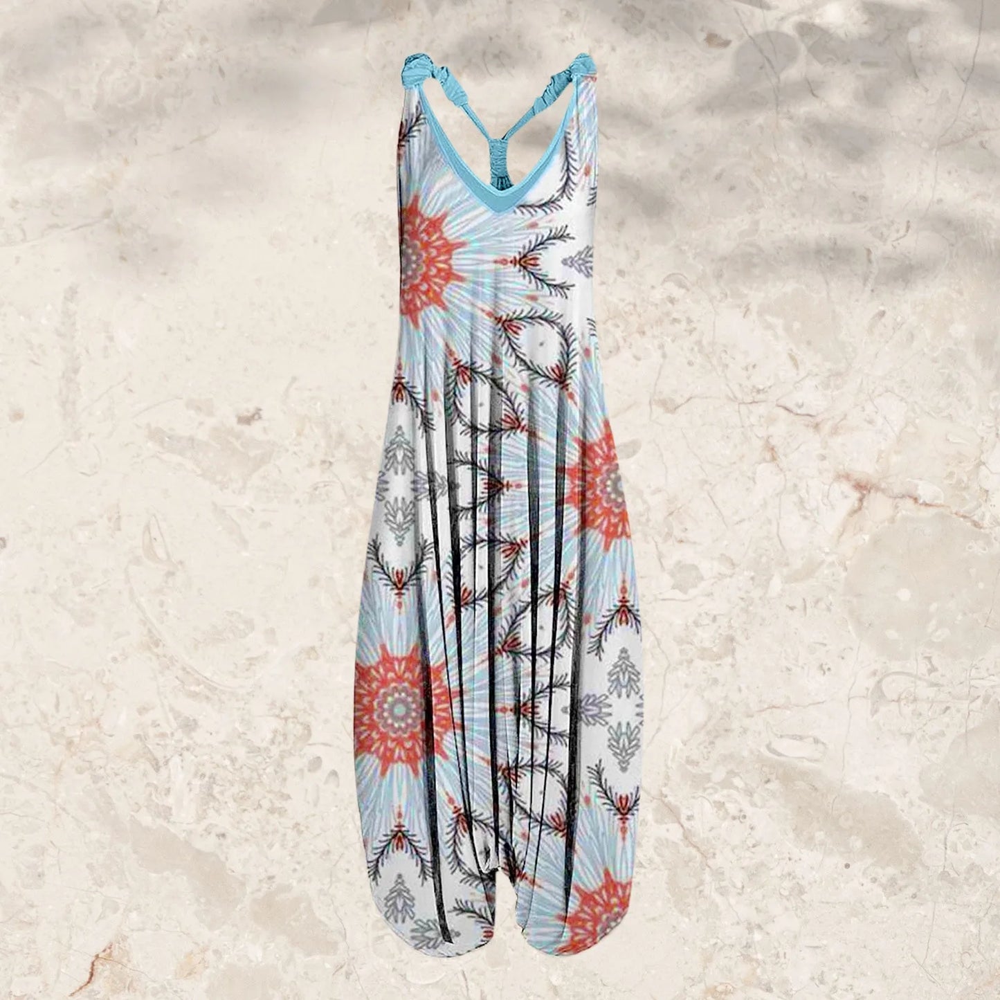 Large Size Ethnic Style Women's Jumpsuits Spring Summer Printed Sleeveless Overalls Backless Cross Straps Beach Jumpsuit S-5XL