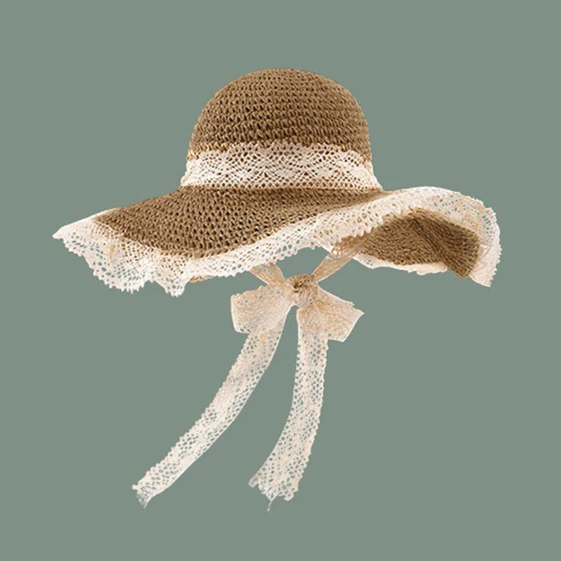 Lace Bow Women Straw Hat Wide Brim Hollow Out Grass Handwoven Visors Bucket Cap Korean Girl Beach Tour Foldable Sunshade Hats