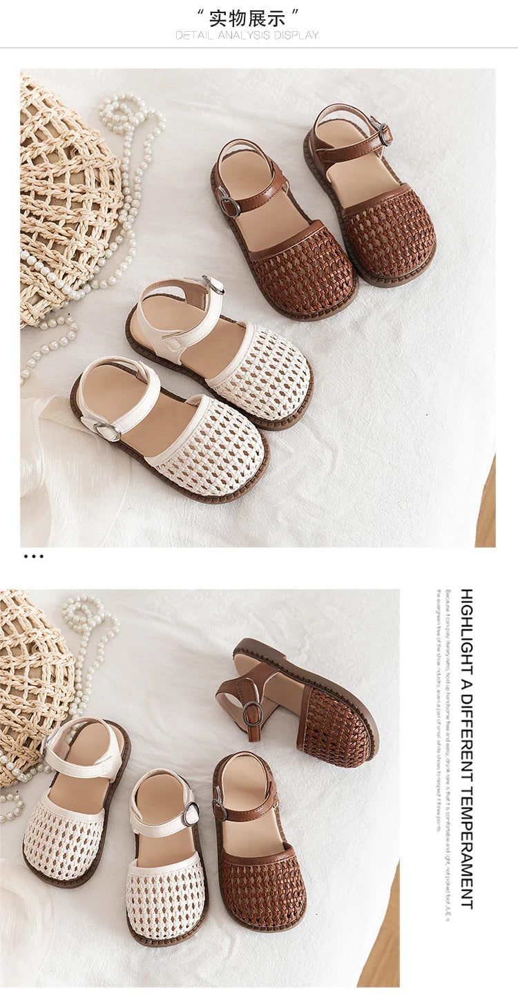 Unishuni Girl Half Sandal Princess Hollow-Out Shoes Kids Vintage Casual Flats Child Summer Shoe Toddler Bohemia Style Beach Shoe