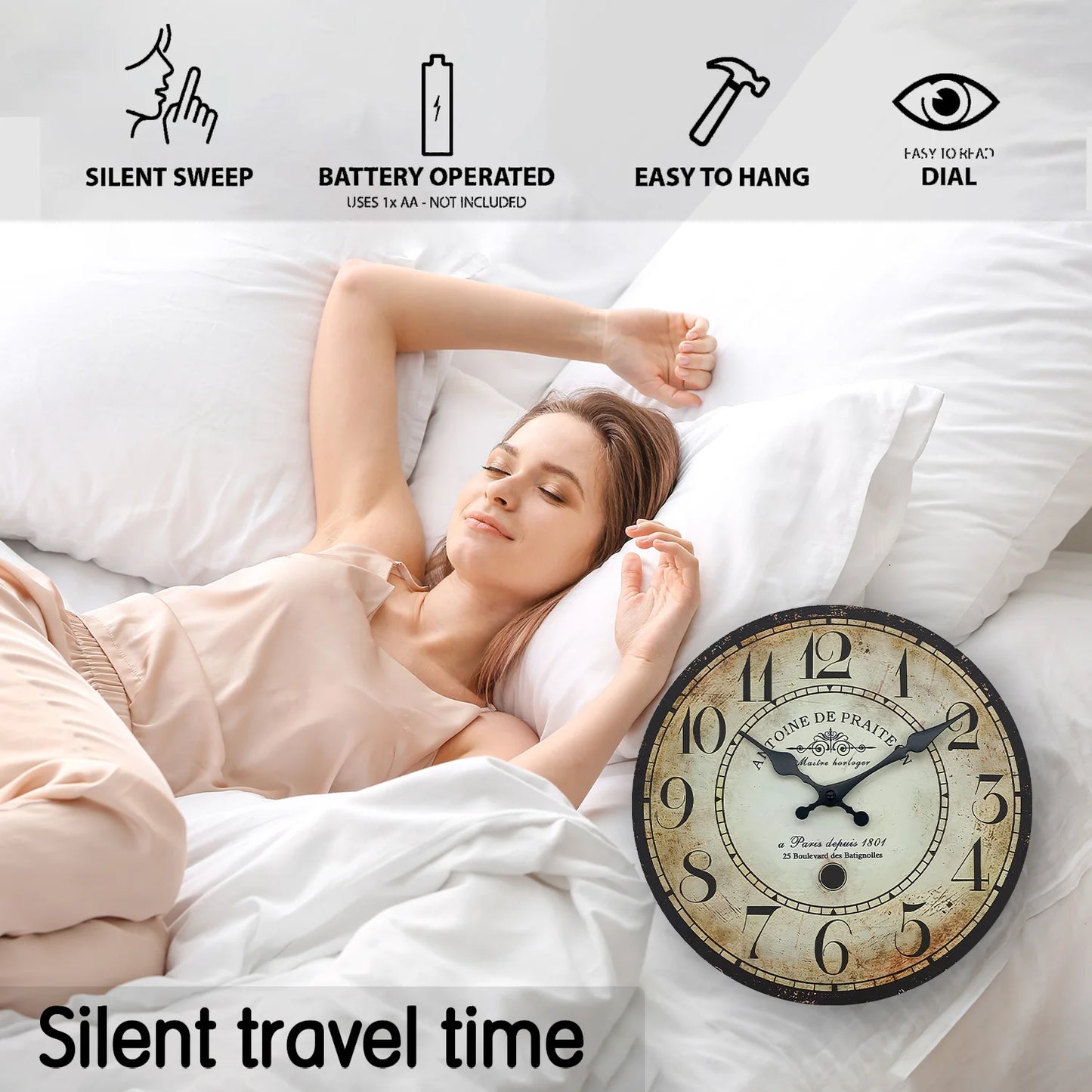 Retro“ Antoine De Praiteon a Paris Dehuis1801” Pattern Wooden Wall Clock Living Room Bedroom Kitchen Home Decoration Wall Clock Silent Quartz Clock Holiday Gift 10 Inches 12 Inches 14 Inches 16inch (Without Battery)