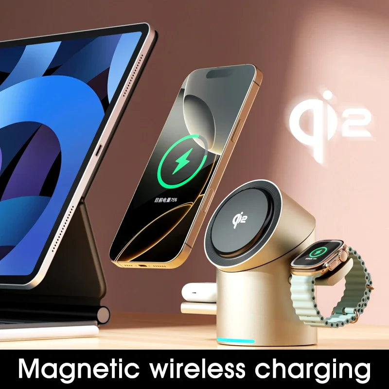 Touch Rotate Qi2 Magnetic 3-in-1 Wireless Charger 15W Fast Charging Station for iPhone 13 14 15 16 Series Apple Watch AirPods