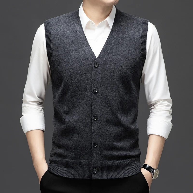 Sweaters Vests for Men Fashion Luxury Single Breasted Pullover Autumn Sleeveless Men Work Sweater Knitted Male Waistcoat Jumper