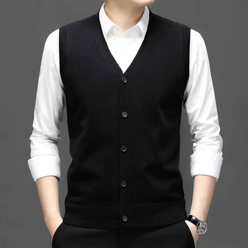 Sweaters Vests for Men Fashion Luxury Single Breasted Pullover Autumn Sleeveless Men Work Sweater Knitted Male Waistcoat Jumper