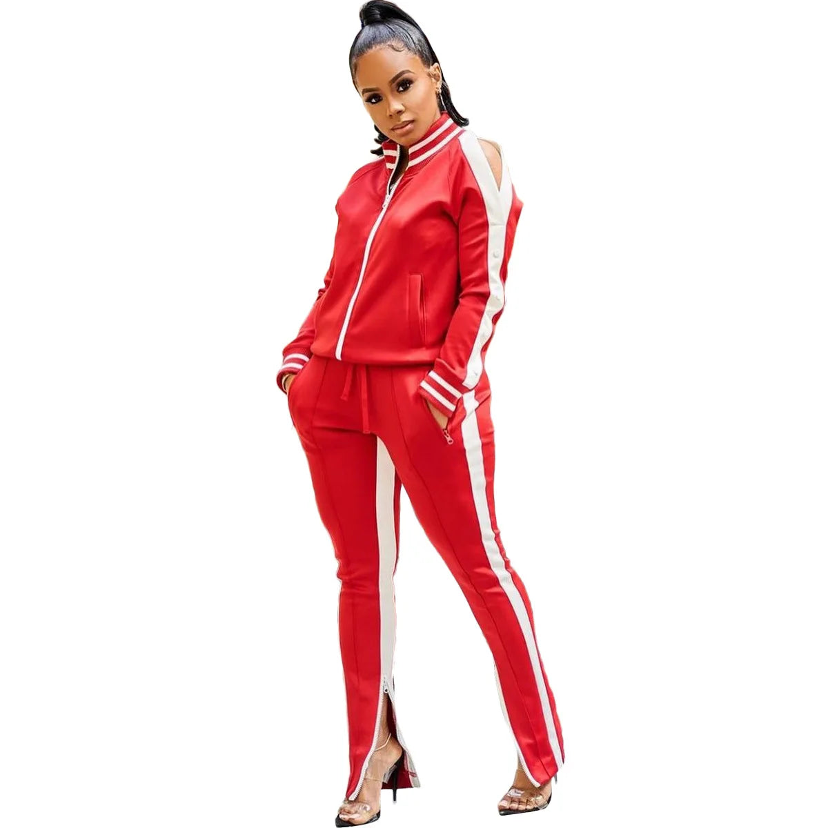 Women Pant Sets Tracksuit Zippers Jackets Striped Stand Collar Coats Pencil Pants Two Pieces Set Sports Casual Patchwork