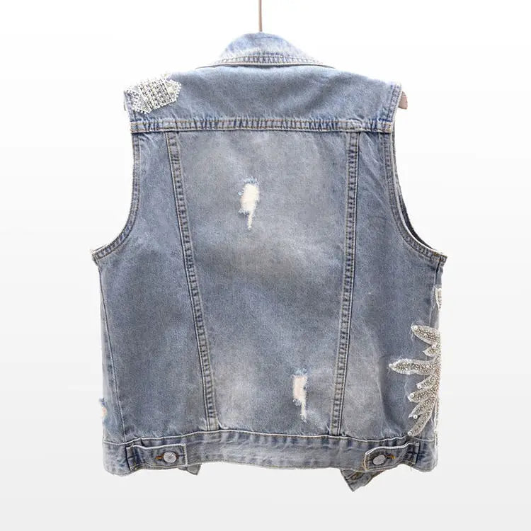 fashion Lace Beaded Denim Vest Women Cardigan 2025 New spring Sleeveless Jacket Fashion Loose Vintage jeans Waistcoat tide R359