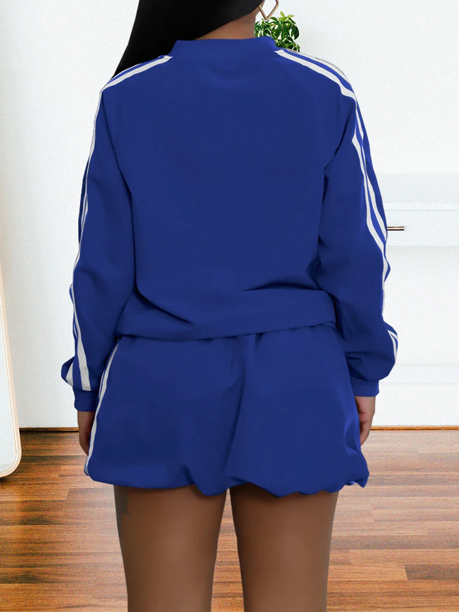 ZIML Minimalist Two Piece Sets For Women Stand Collar Long Sleeve Spliced Zipper Tops High Waist Shorts Chic Set Female Fashion