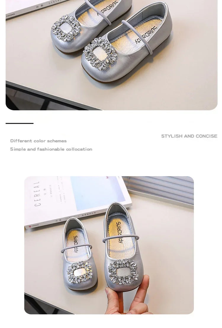 Girls Princess Leather Shoes Luxury Rhinestone Kids Ballet Shoes Fashion Shallow Non-slip Children's Flats for Party Wedding
